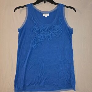 Joseph A. Tank Top Size Medium Women Blue Floral Rosette Mesh Trim Sleeveless
